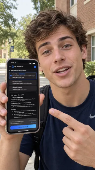 Ambassador content mockup of a student pointing to the giving screen outside a campus building.