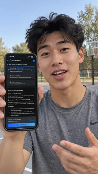 Ambassador content mockup of a student demonstrating the giving screen at an outdoor basketball court.
