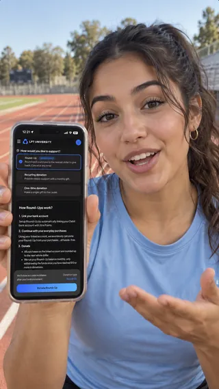 Ambassador content mockup of a student demonstrating the giving screen at an outdoor running track.
