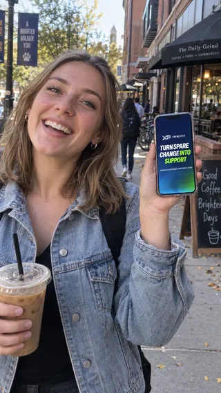 Ambassador content mockup of a student with an iced coffee sharing the XtraPoint page on a campus sidewalk.