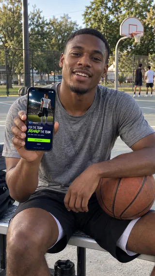 Ambassador content mockup of a student seated with a basketball and the XtraPoint page on a phone.