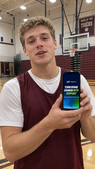 Ambassador content mockup of a student sharing the XtraPoint page beside a basketball court.