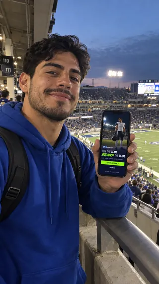 Ambassador content mockup of a student sharing the XtraPoint page from a stadium concourse.