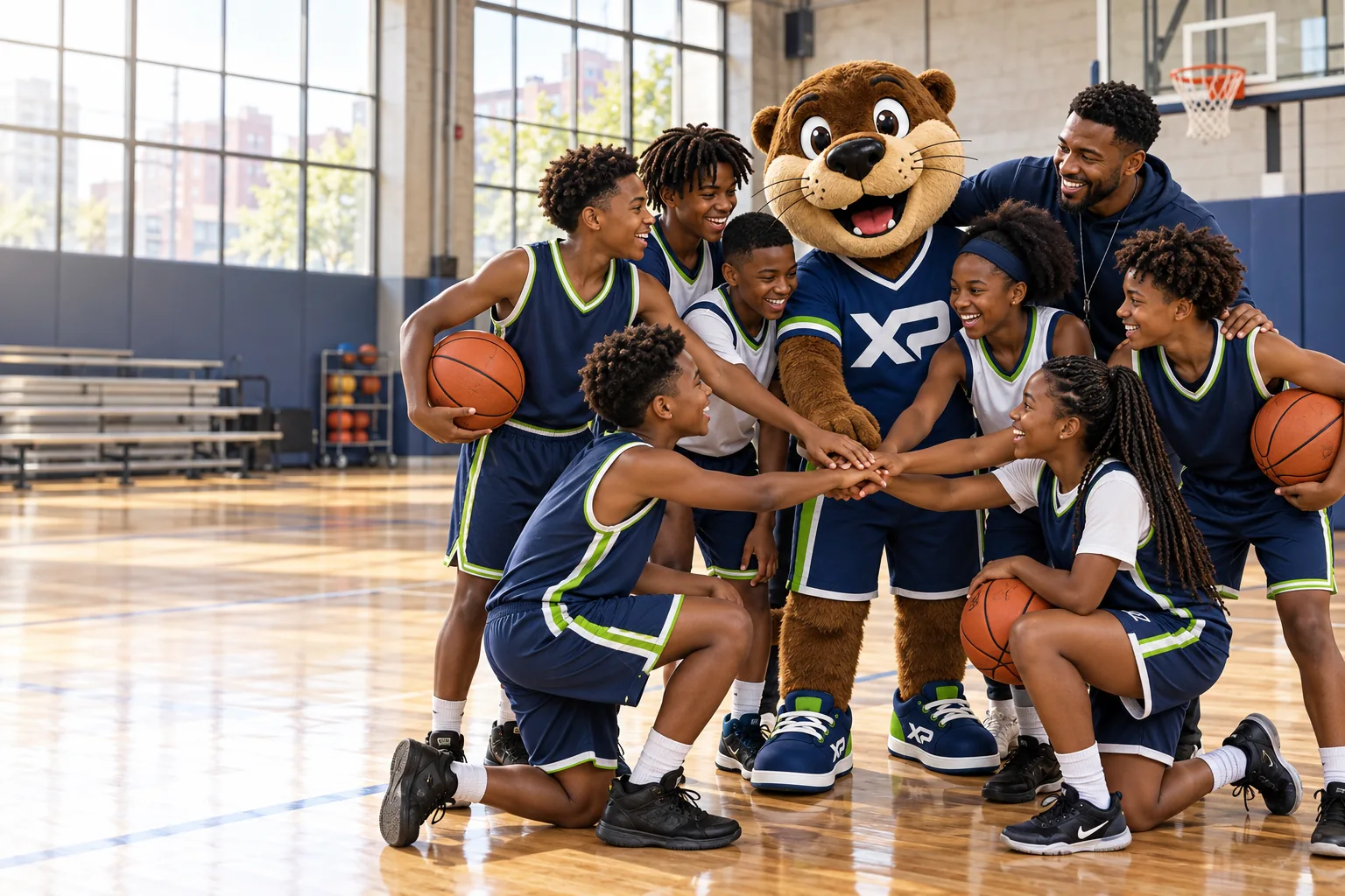 Otto joins a basketball team and their coach in a gym huddle.